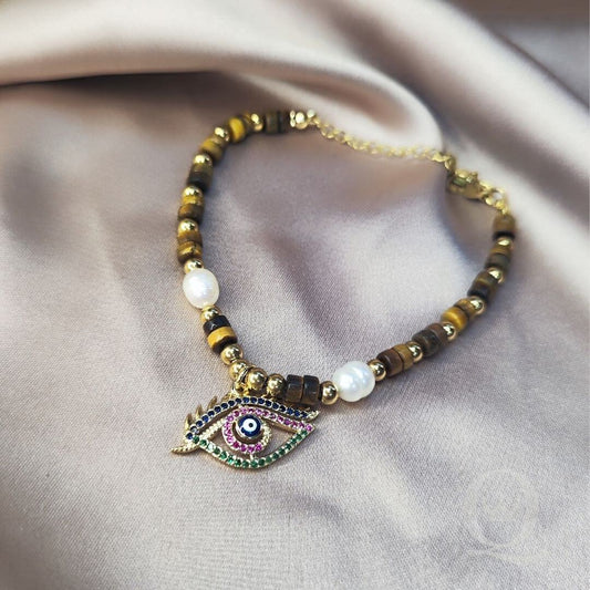 Tiger Eye and Freshwater Pearl Crystal Bracelet with Evil Eye