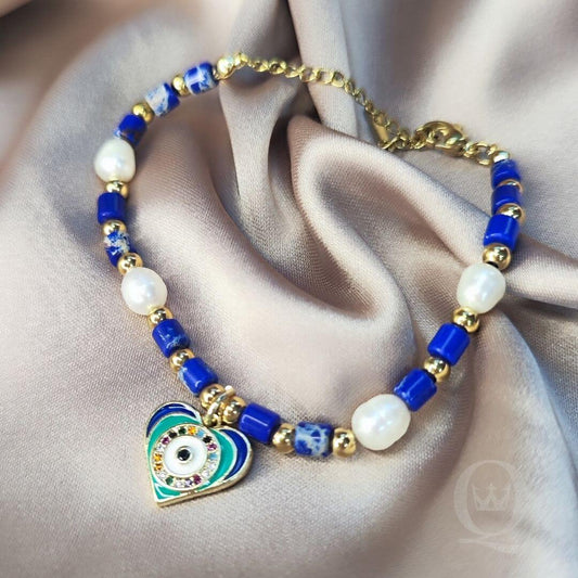 Lapis Lazuli and Freshwater Pearl Crystal Bracelet with Evil Eye