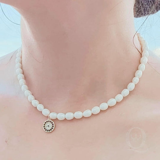 High-Quality Freshwater Pearl Necklace with Evil Eye Zirconian Pendant